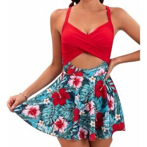 B2prity Women's Medium Red Blue Cutout One Piece Skirt V-Neck Wrap Back Swimsuit